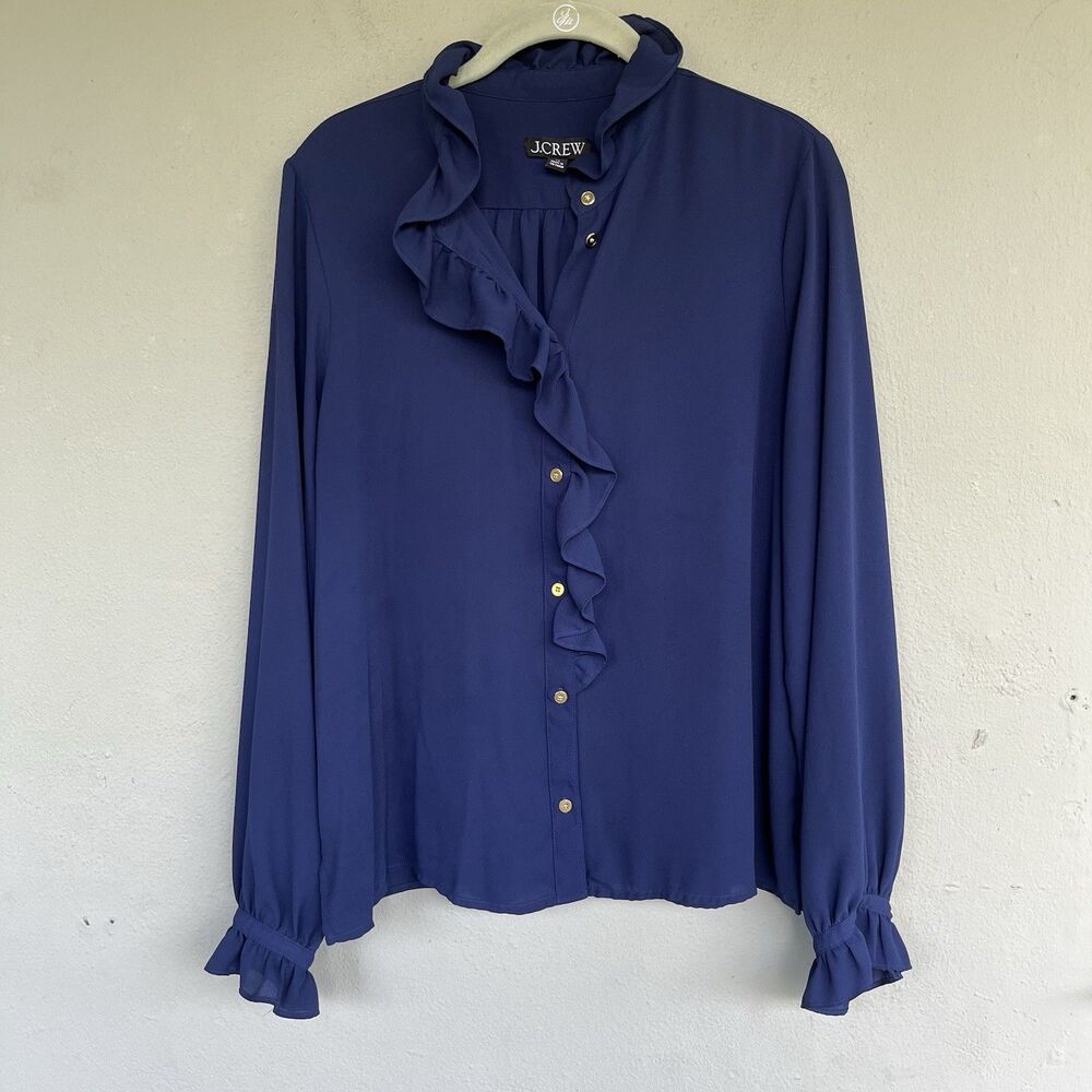 J Crew Navy Sheer Ruffle Blouse Women 12 Gold Button Long Sleeve Preppy Romantic - Picture 2 of 14